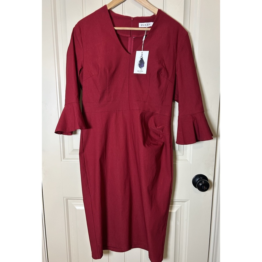 NWT! MUXXN Women Carta Dress XL Red Bell Sleeve Wedding Formal Cocktail Career